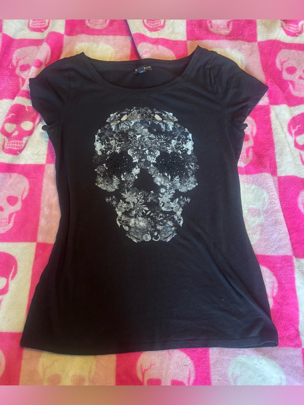 Express Black Short Sleeve Tee with Floral Skull Graphic